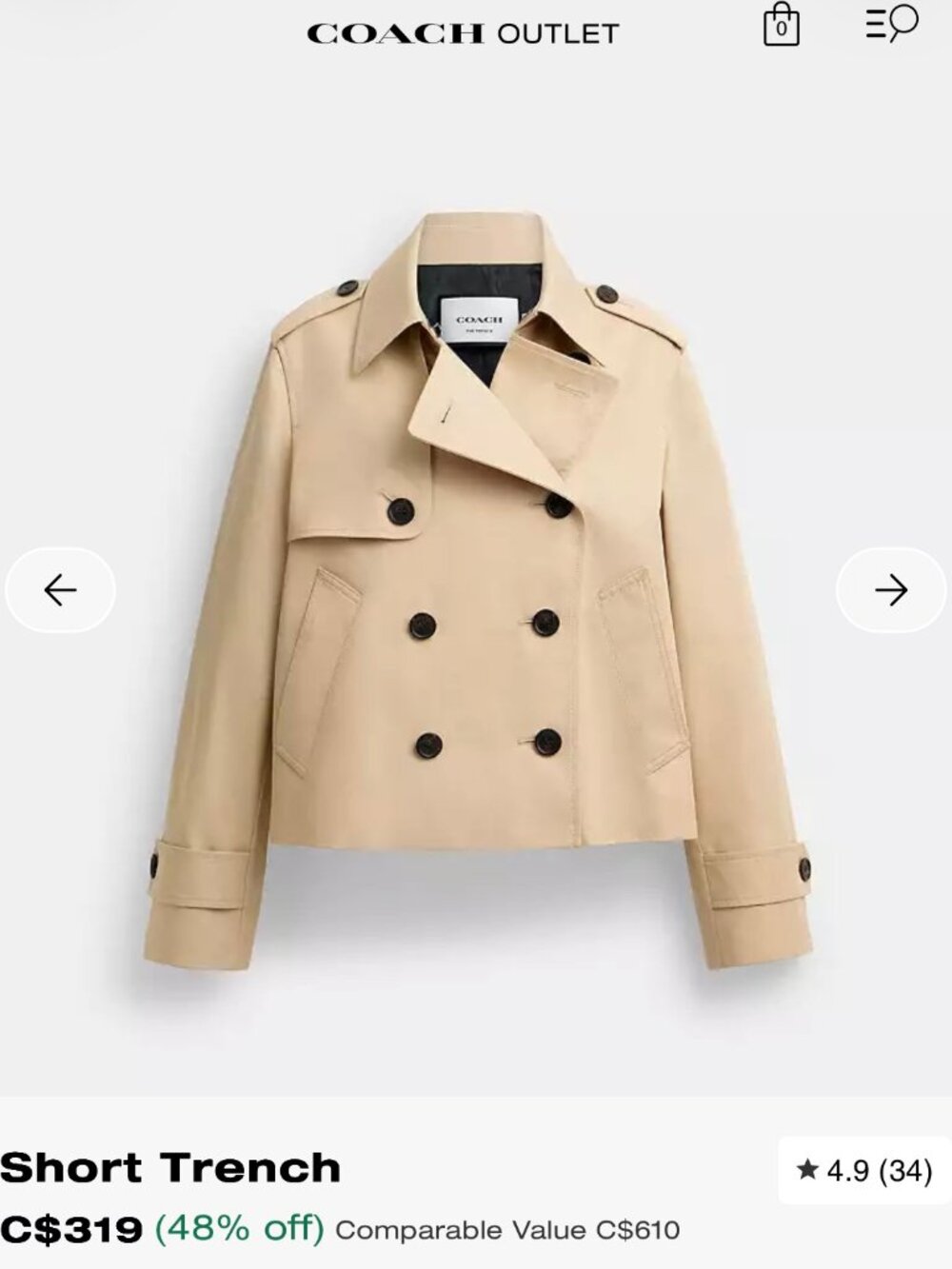 Coach Outlet Short Trench Coat in Light Khaki size XL